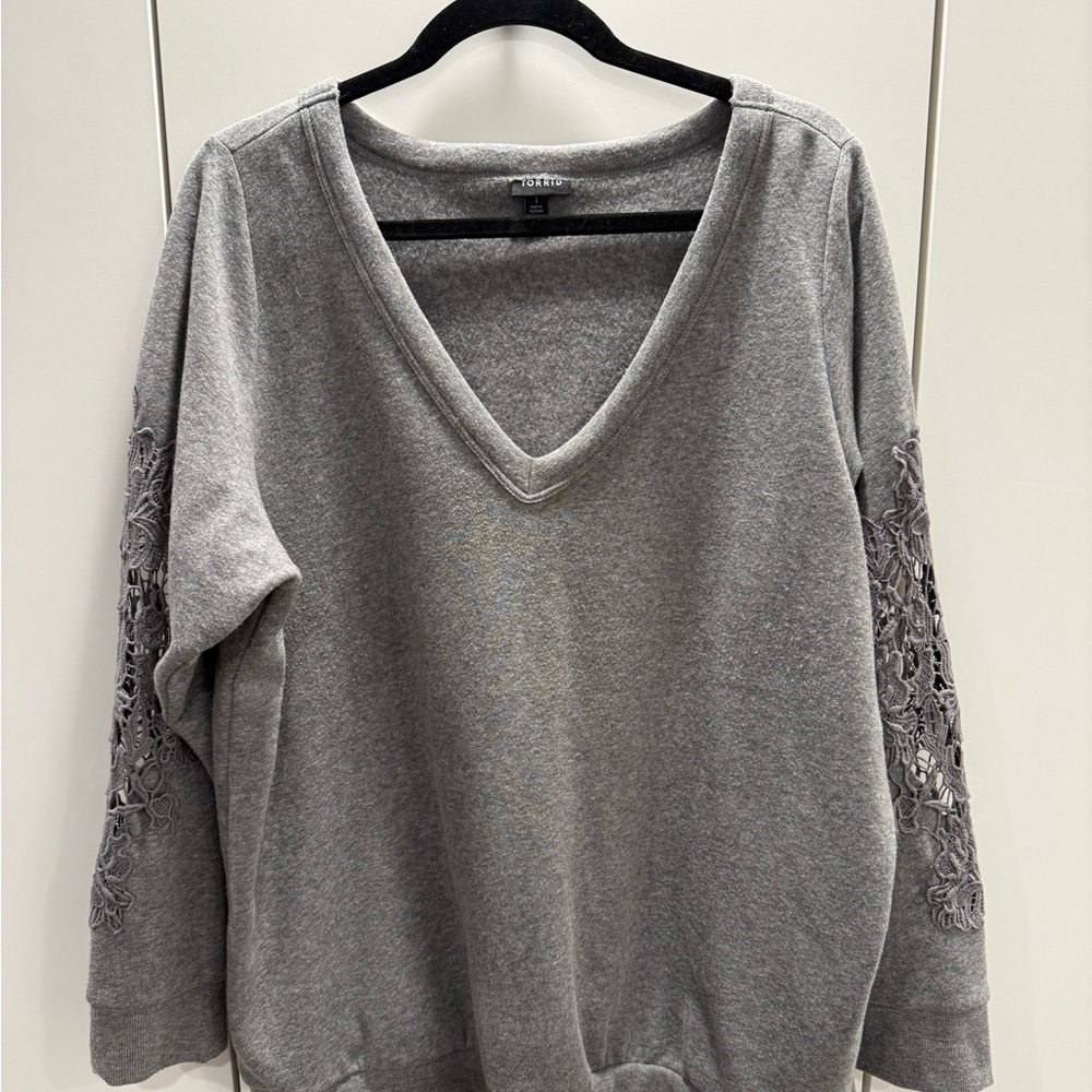Torrid Cozy  Fleece V-Neck with Crochet Floral Detail Sleeves
